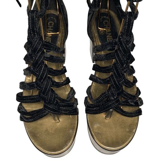 Chanel Interlocking CC Logo Wood Platform Velvet Gladiator Sandal EU 39 US 8-8.5 - Picture 8 of 11